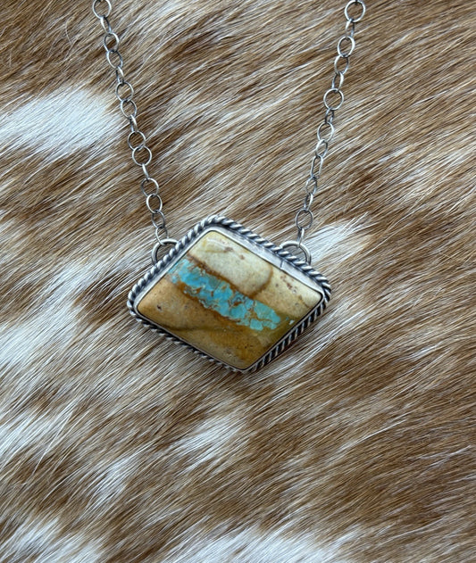Native Navajo Handmade Sterling Silver Boulder Turquoise Bar Necklace 18”
