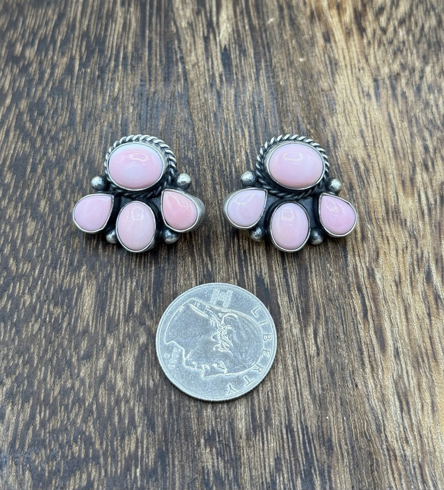 Native Navajo Handmade Sterling Silver Pink Conch Shell Cluster Earrings