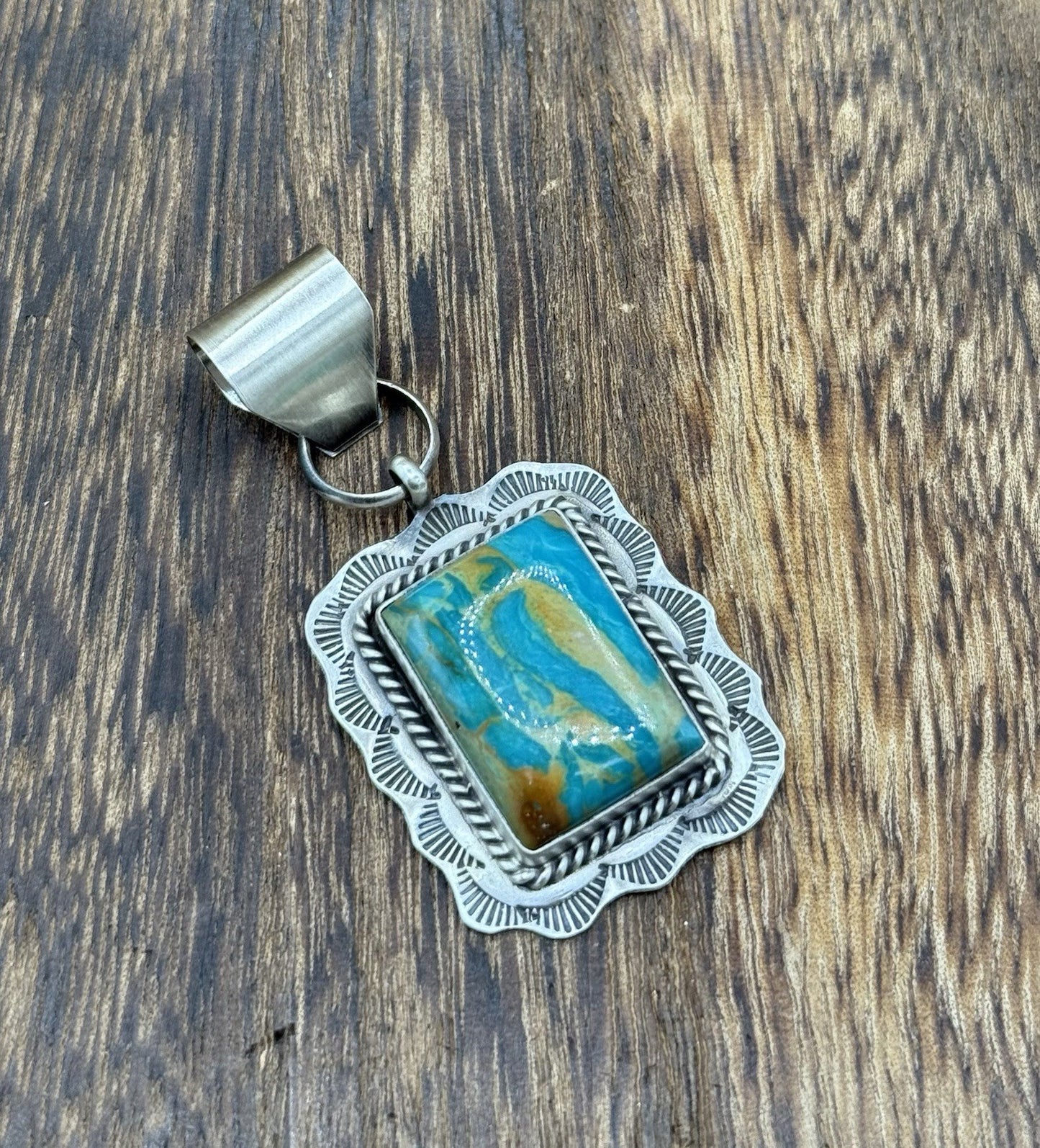 Navajo Handmade Sterling Silver Royston Turquoise Stamped Design Drop Pendant