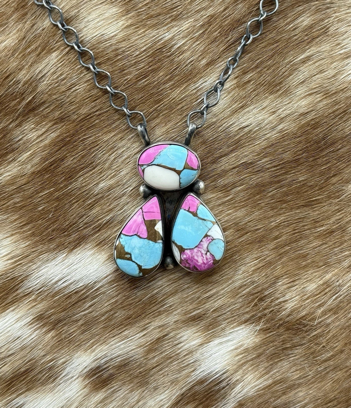 Navajo Handmade Sterling Silver Cotton Candy Dahlia Cluster Bar Necklace 18”