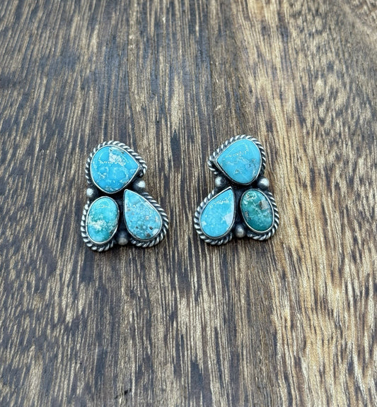 Navajo Handmade Sterling Silver Blue Bird Turquoise Post Cluster Earrings