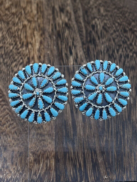 Native American Navajo Handmade Sterling Silver Turquoise Cluster Post earrings