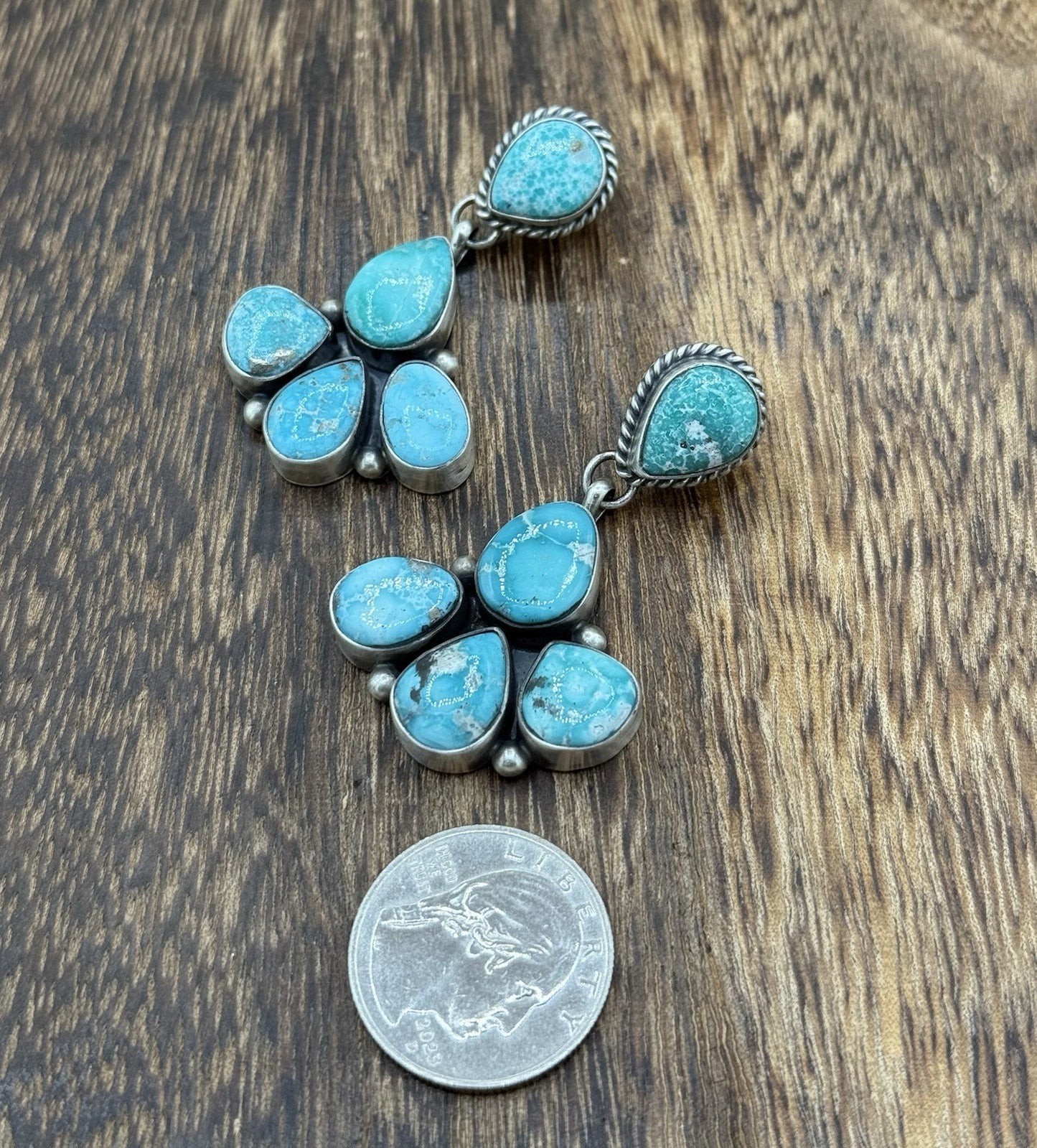 Navajo Handmade Sterling Silver Blue Bird Turquoise Cluster Post Dangle Earrings