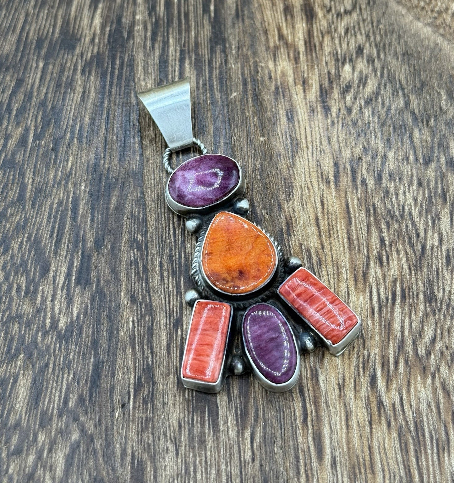 Native Navajo Handmade Sterling Silver Multi Spiny Oyster Shell Cluster Pendant