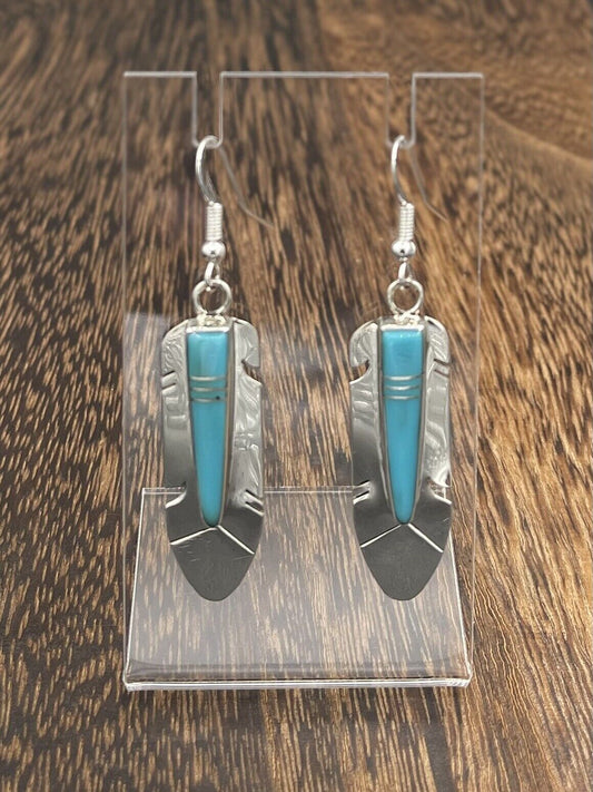 Native American Sterling Silver Navajo Handmade Turquoise Inlay Dangle Earring