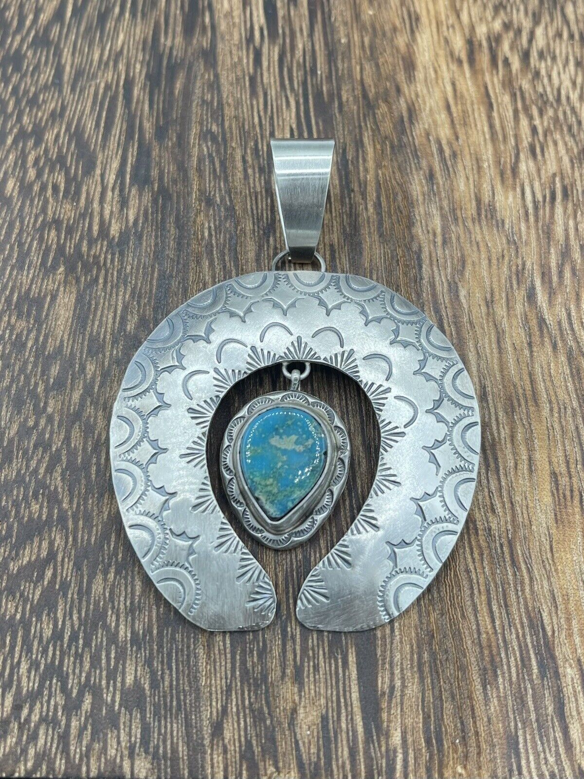 Native American Sterling Silver Navajo Handmade Stamped Turquoise Naja Pendant