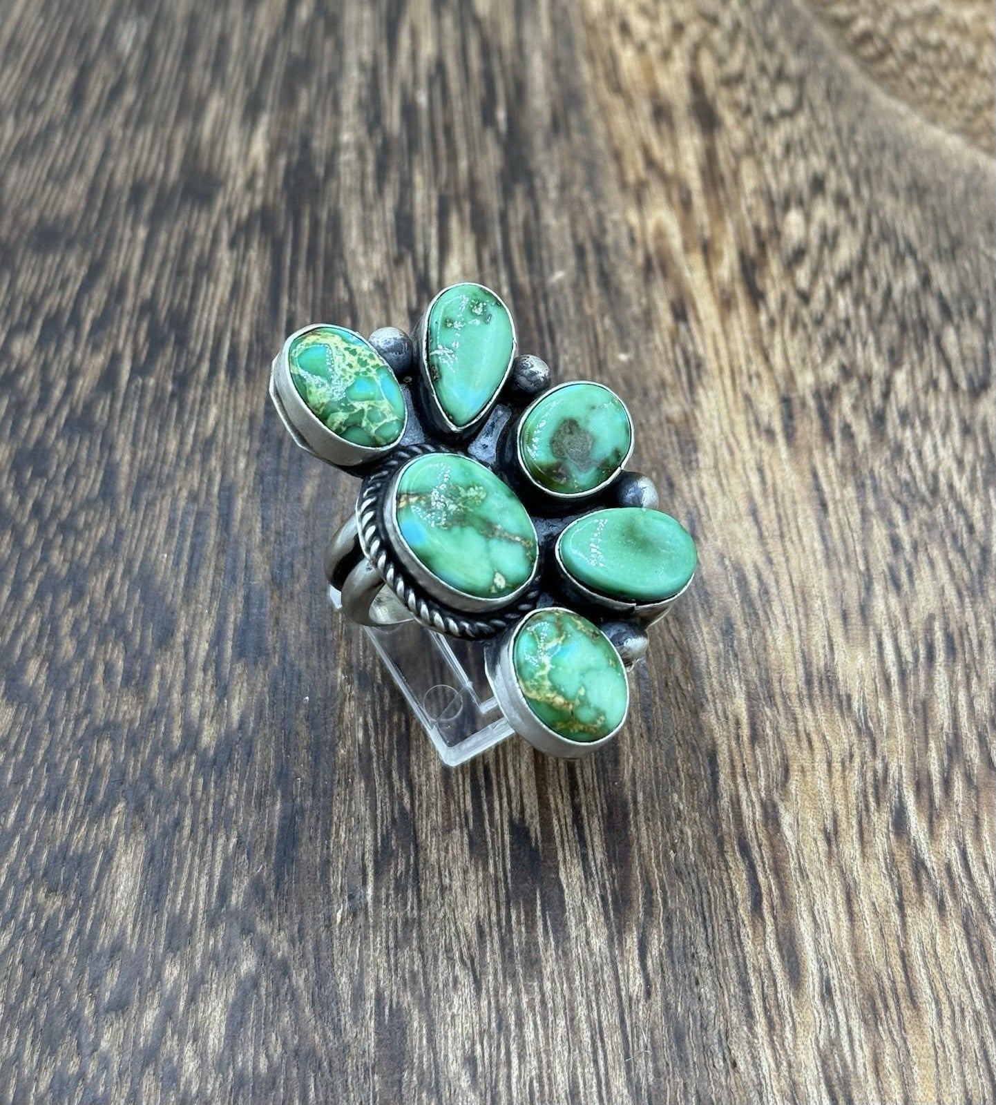 Navajo Handmade Sterling Silver Sonoran Gold Turquoise Half Cluster Ring Size 8