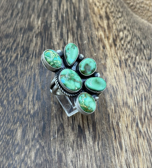Navajo Handmade Sterling Silver Sonoran Gold Turquoise Half Cluster Ring Size 8