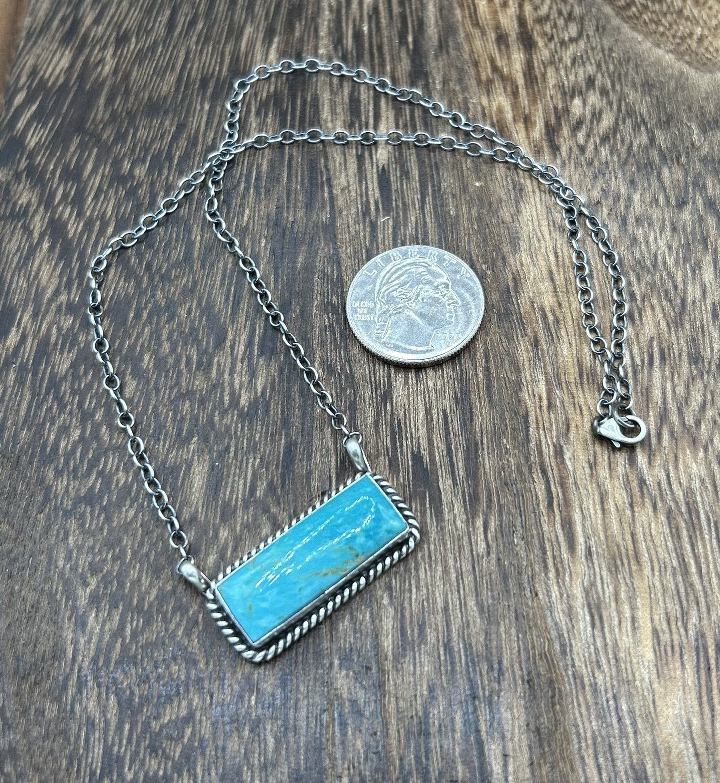 Navajo Handmade Sterling Silver Kingman Turquoise Bar Necklace 16”