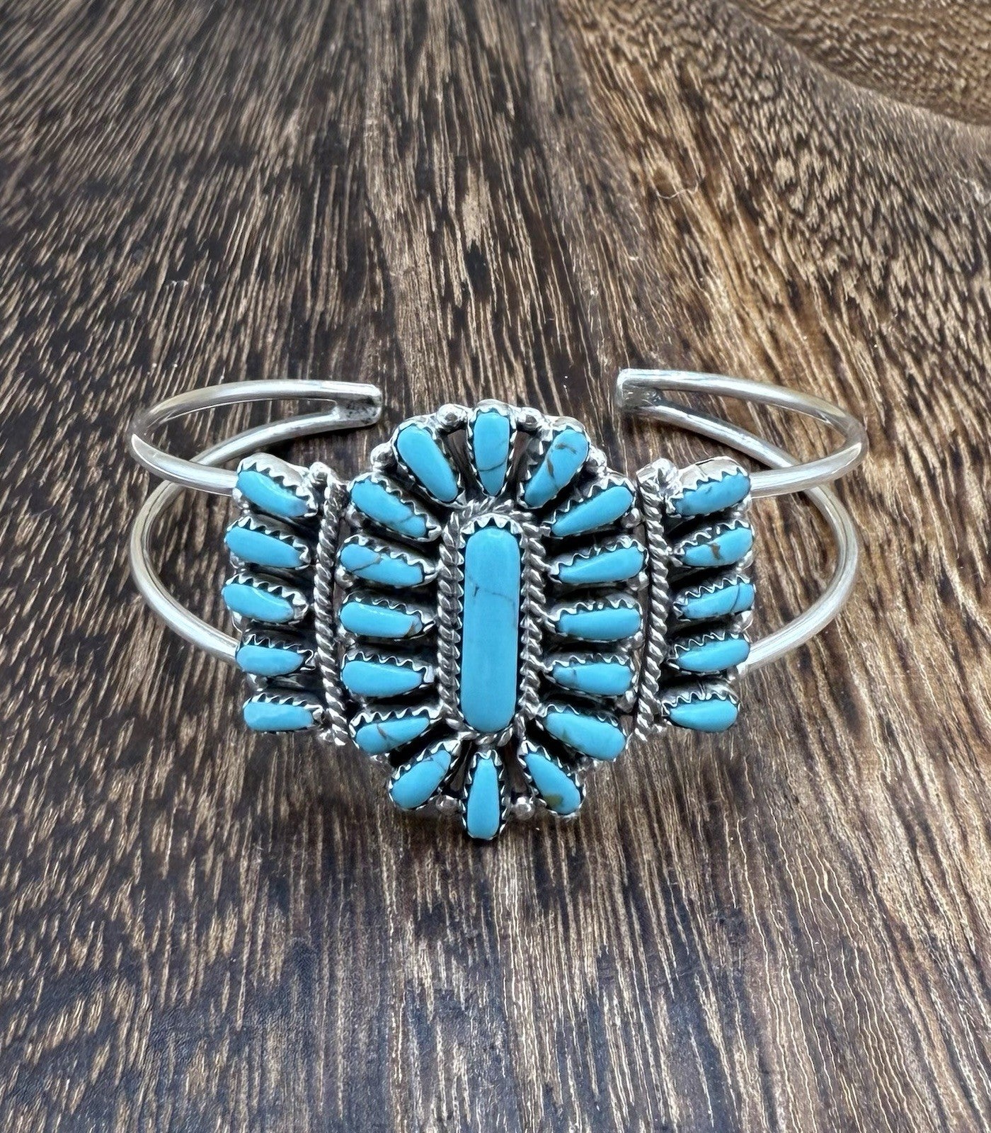 Navajo Handmade Sterling Silver Turquoise Traditional Cluster Cuff Bracelet