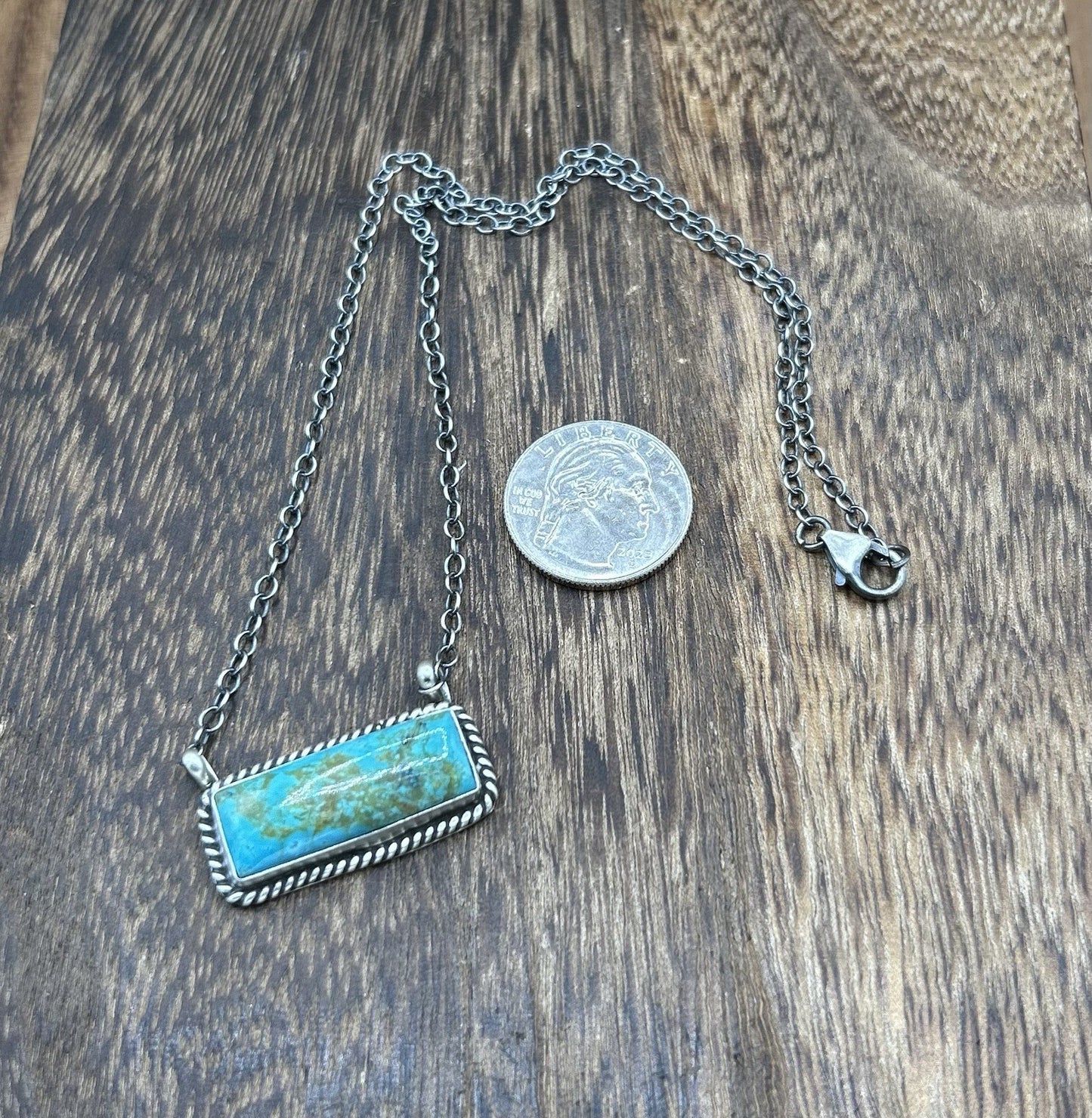 Navajo Handmade Sterling Silver Kingman Turquoise Bar Necklace 16”