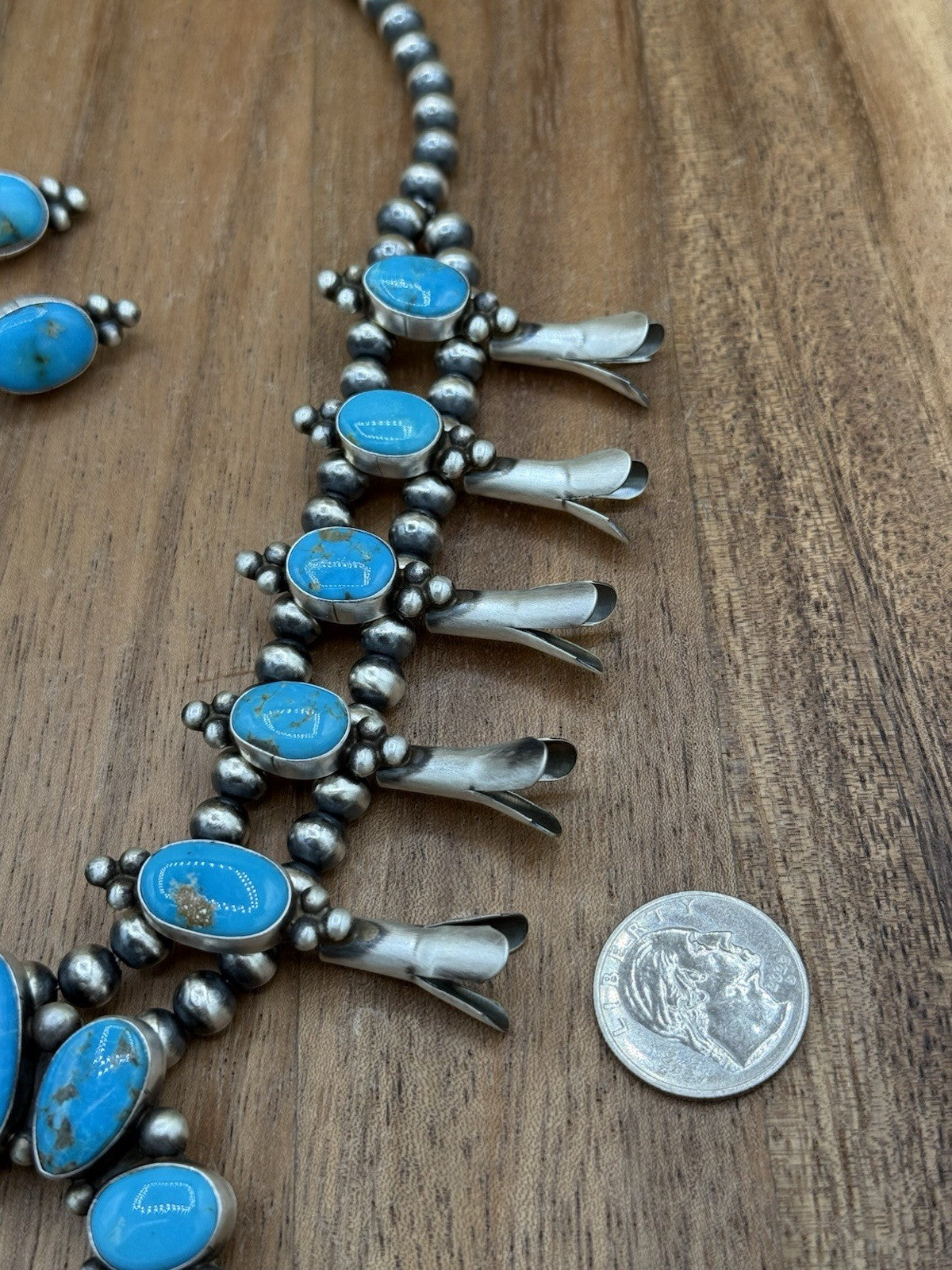 Navajo Handmade Sterling Silver Kingman Turquoise Squash Blossom Necklace 20”