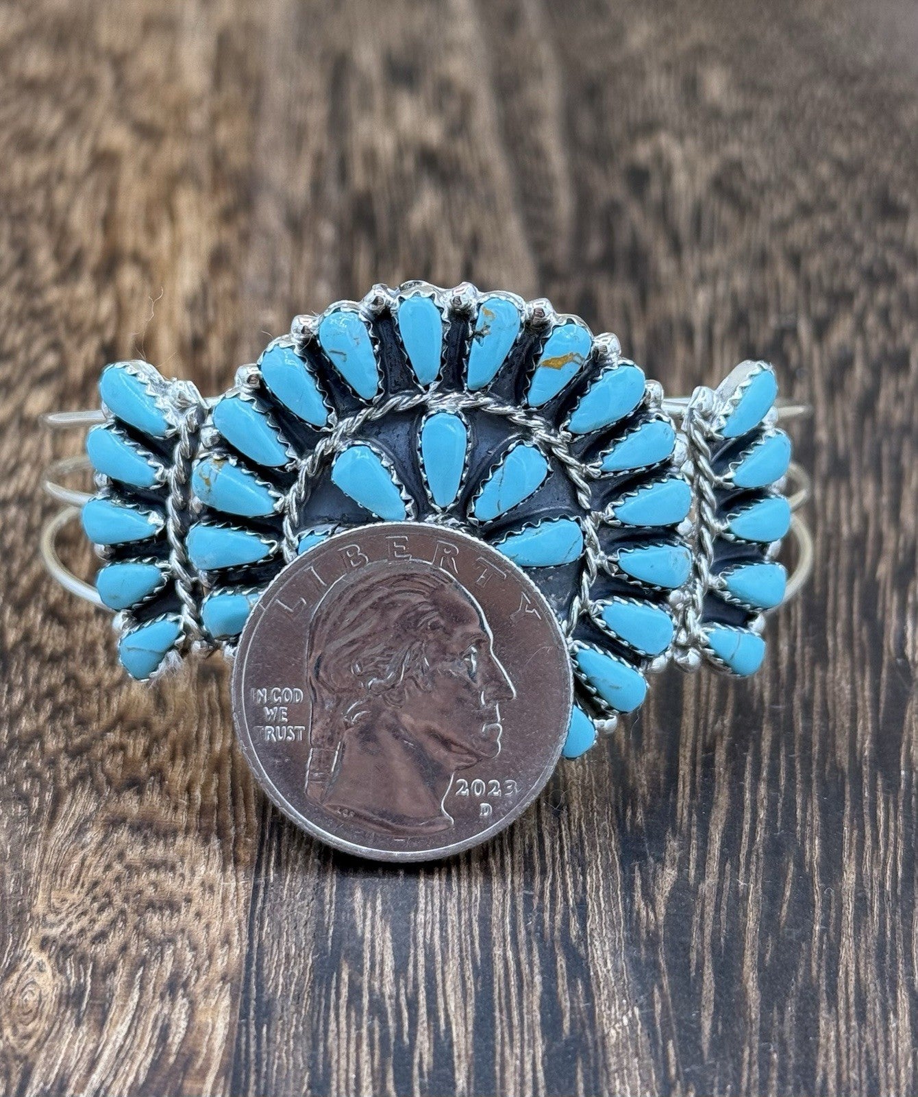 Native American Navajo Handmade Sterling Silver Turquoise Cluster Cuff Bracelet