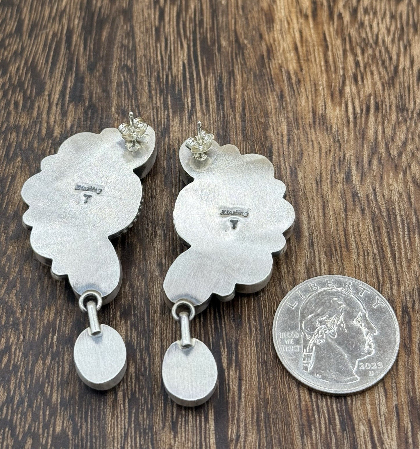 Navajo Handmade Sterling Silver Kingman Turquoise Half Cluster Drop Earrings