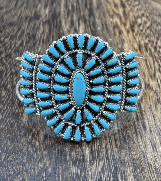 Native American Navajo Handmade Sterling Silver Turquoise Cluster Cuff Bracelet