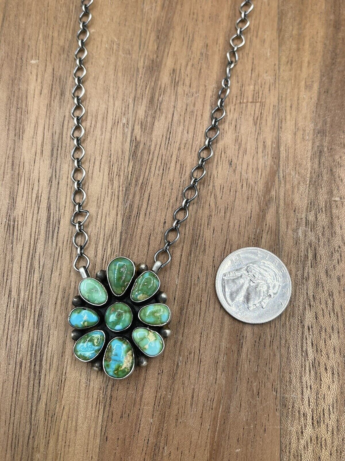 Native American Navajo Handmade Silver Sonoran Turquoise Cluster Bar Necklace