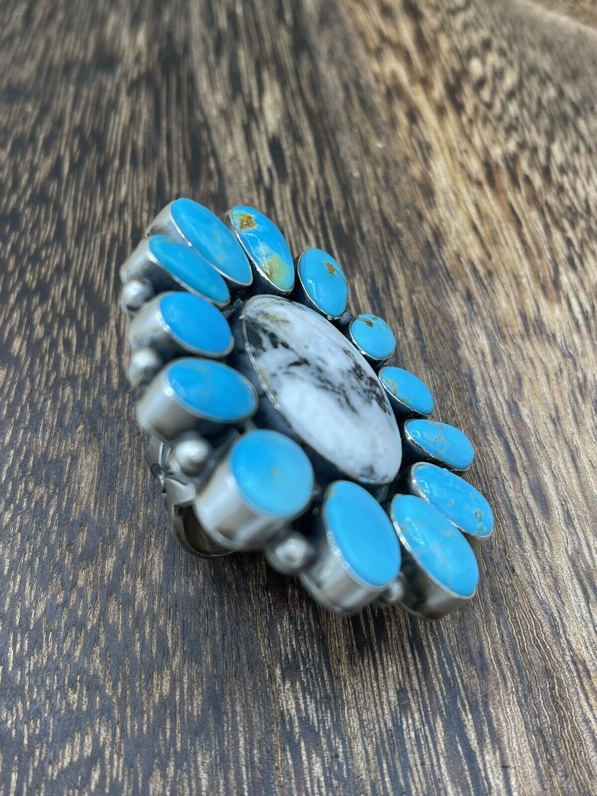 Native American Navajo Handmade Sterling Silver Turquoise Cluster Ring Size 8