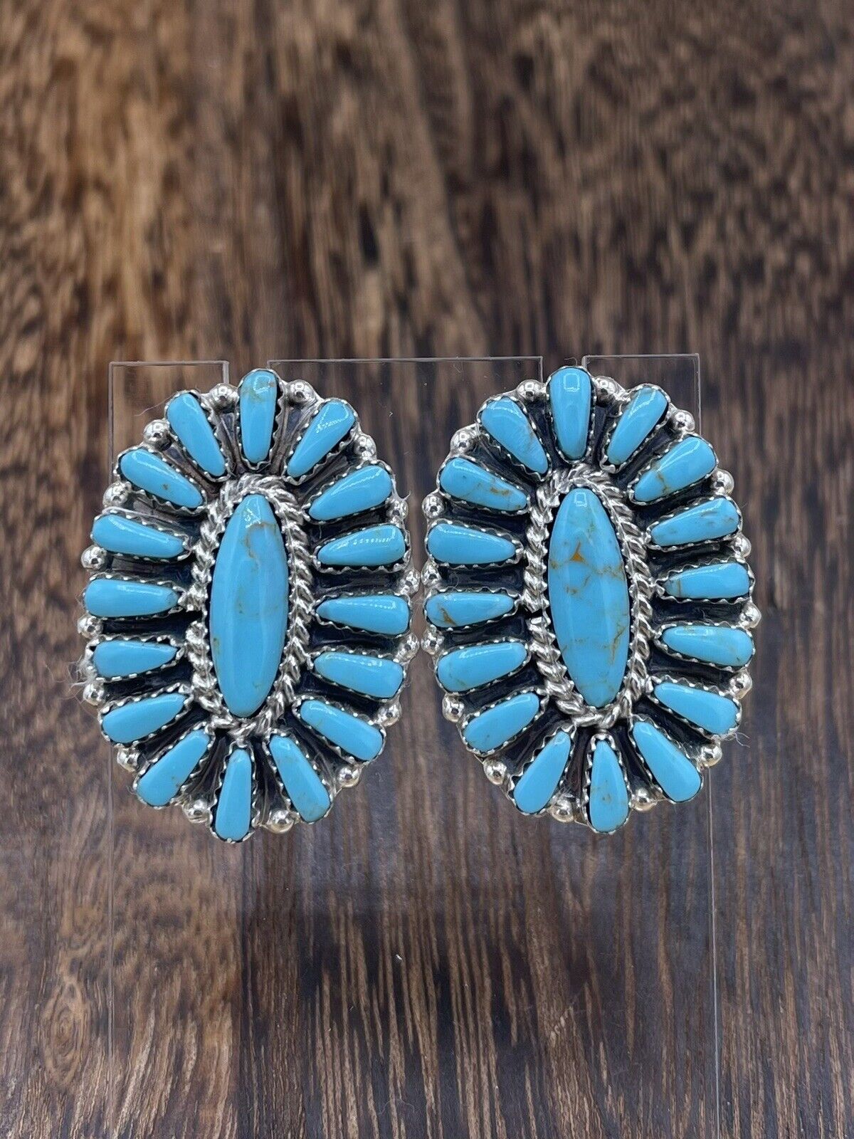 Native American Navajo Handmade Sterling Silver Turquoise Cluster Stud Earrings