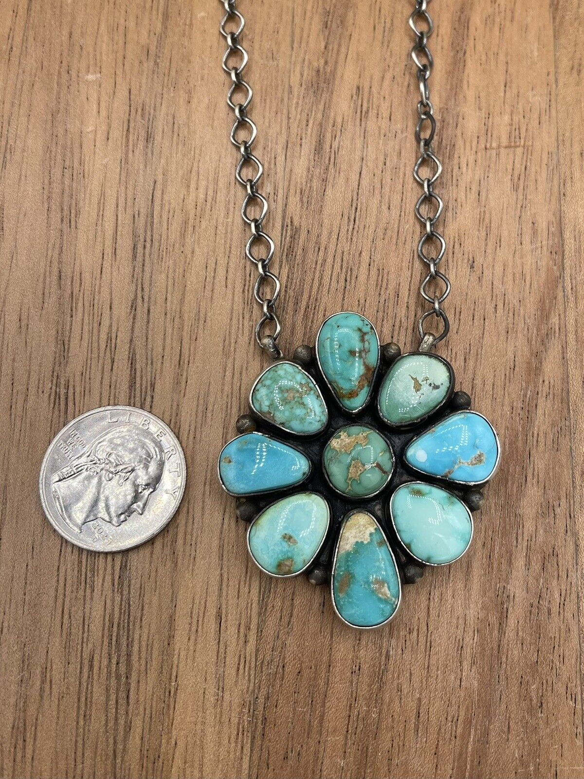 Native American Navajo Handmade Silver Sonoran Turquoise Cluster Bar Necklace