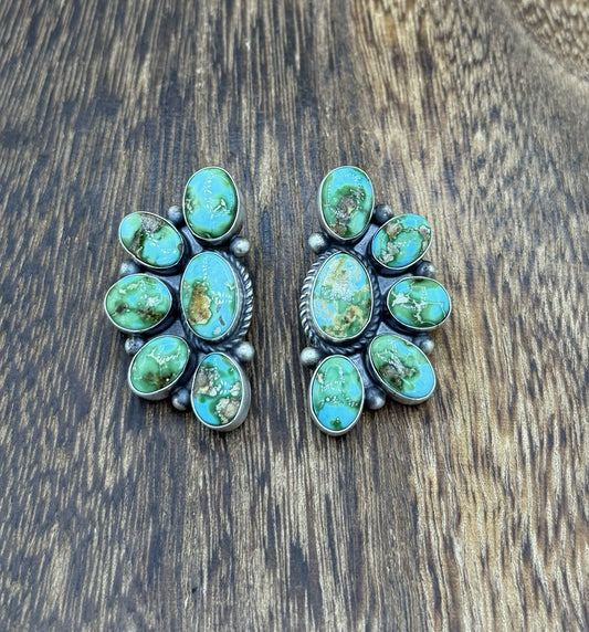 Navajo Handmade Sterling Silver Sonoran Gold Turquoise Half Cluster Earrings