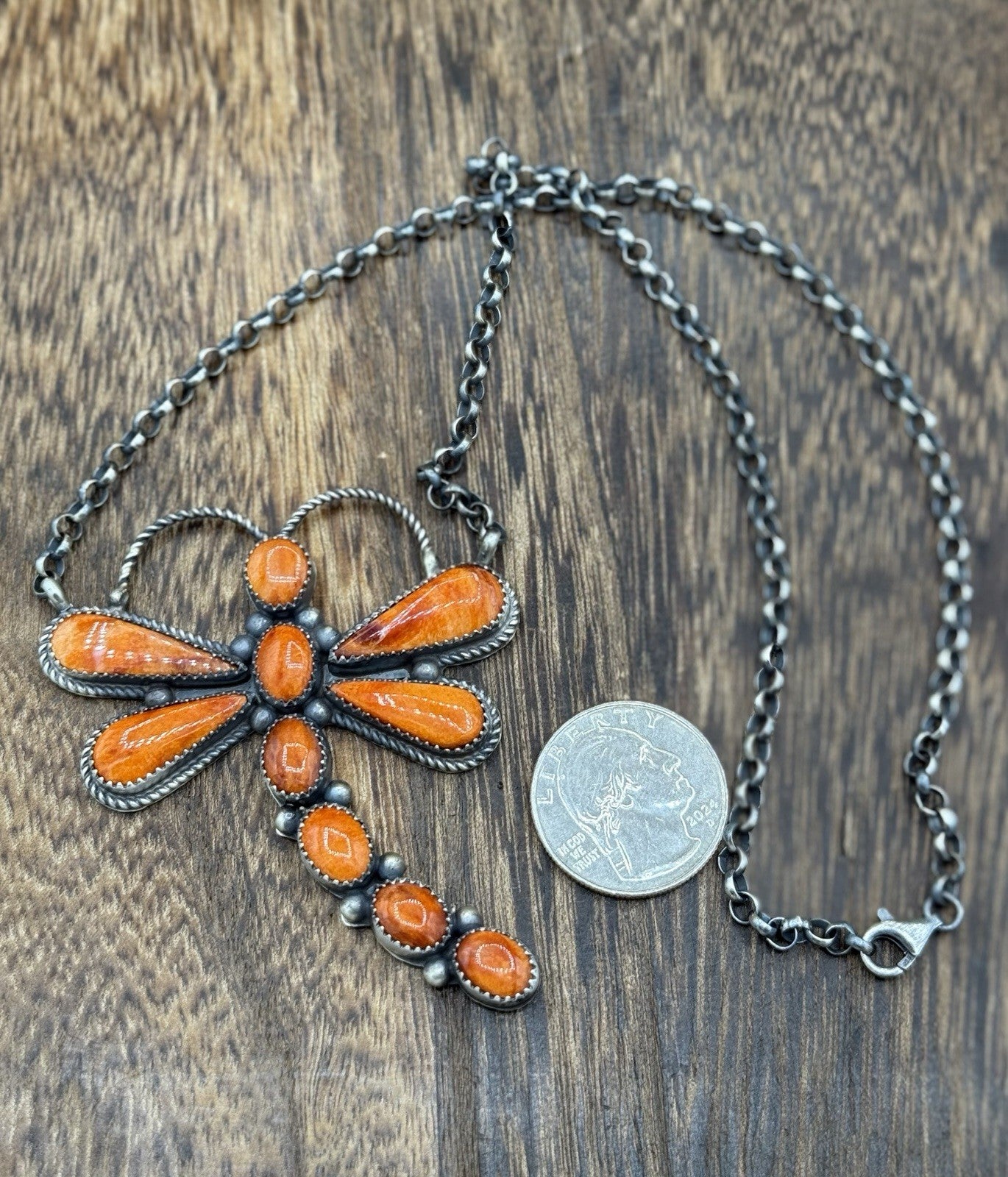 Navajo Handmade Sterling Silver Orange Spiny Oyster Dragonfly Bar Necklace 18”