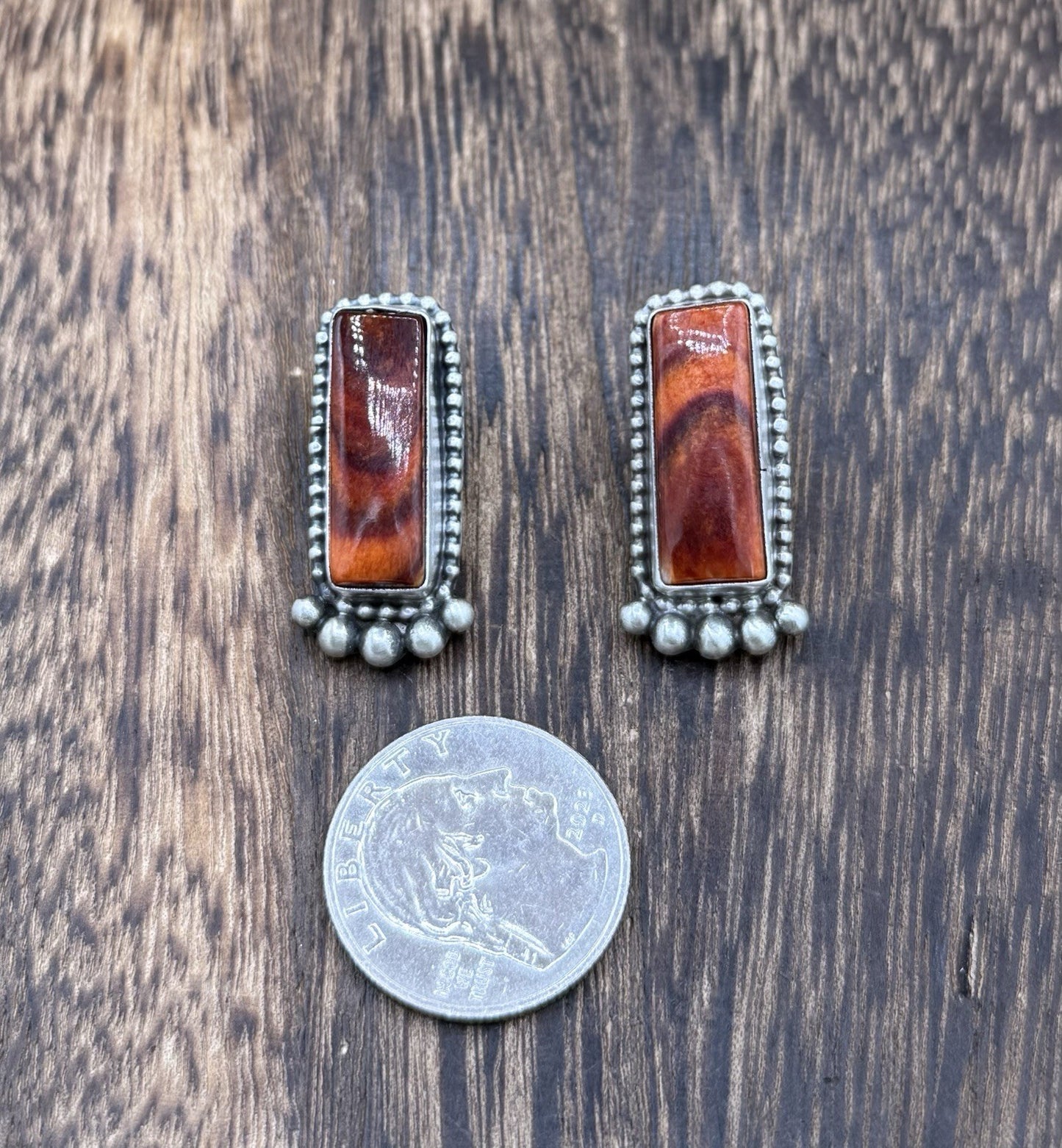 Native Navajo Handmade Sterling Silver Orange Spiny Oyster Post Stud Earrings