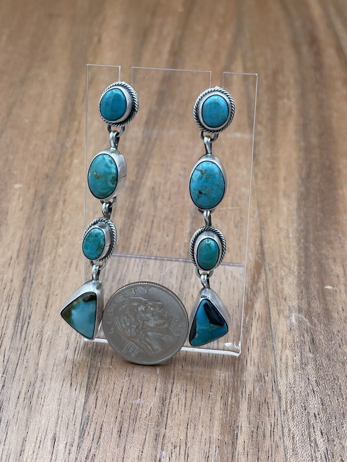 Native American Silver Navajo Handmade Kingman Turquoise Post Dangle Earrings