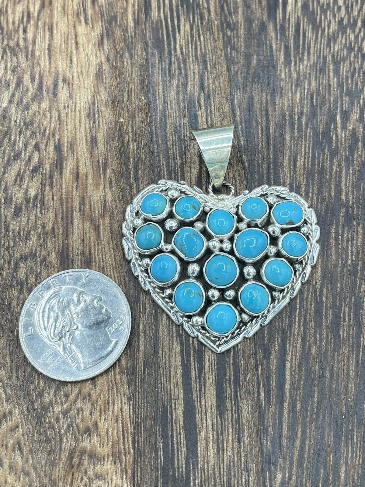 Native American Sterling Silver Navajo Handmade Natural  Turquoise Heart Pendant