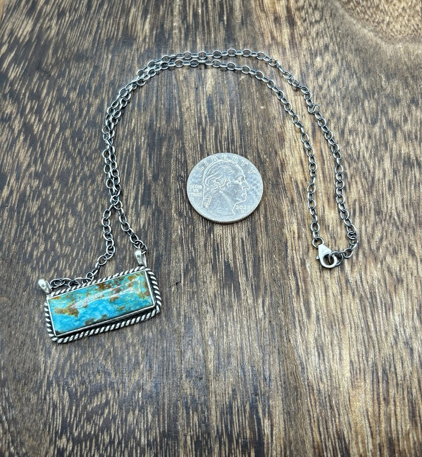 Navajo Handmade Sterling Silver Kingman Turquoise Bar Necklace 16”