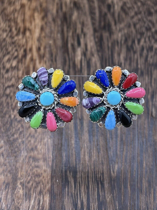 Native American Navajo Handmade Sterling Silver Multicolor Cluster Stud Earrings