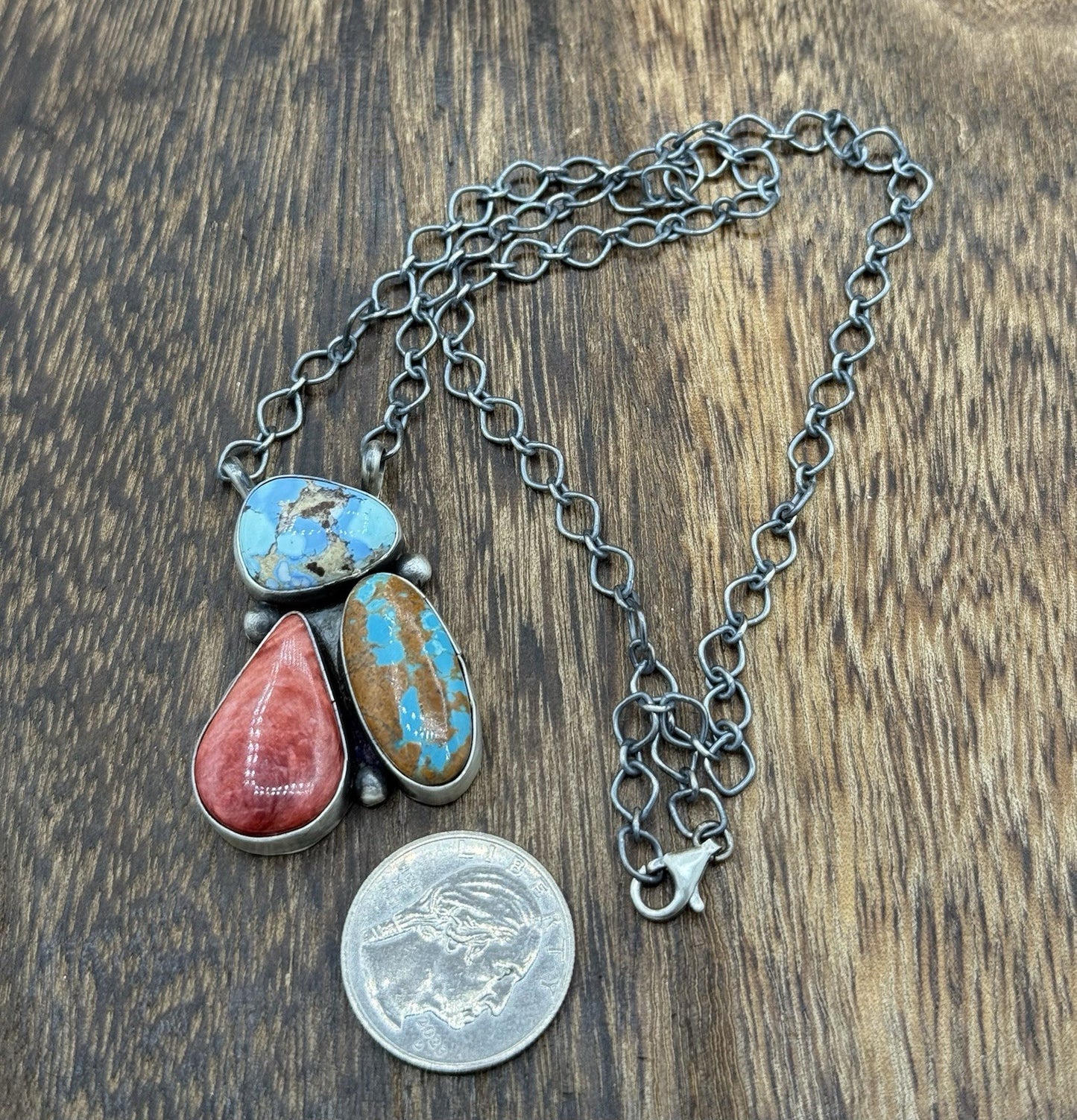 Navajo Handmade Sterling Silver Multi stone Turquoise  Cluster Bar Necklace 18”