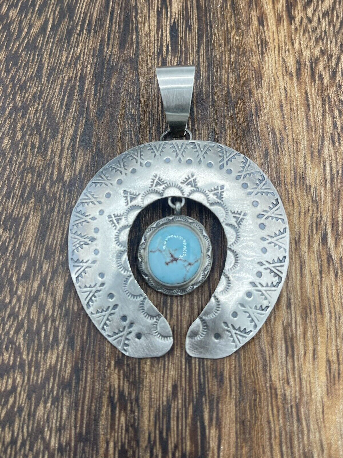 Native American Sterling Silver Navajo Handmade Stamped Turquoise Naja Pendant