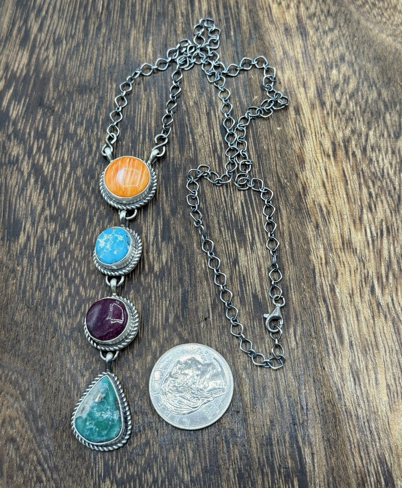 Navajo Handmade Sterling Silver Multi Color Mixed Stone Lariat Necklace 18”