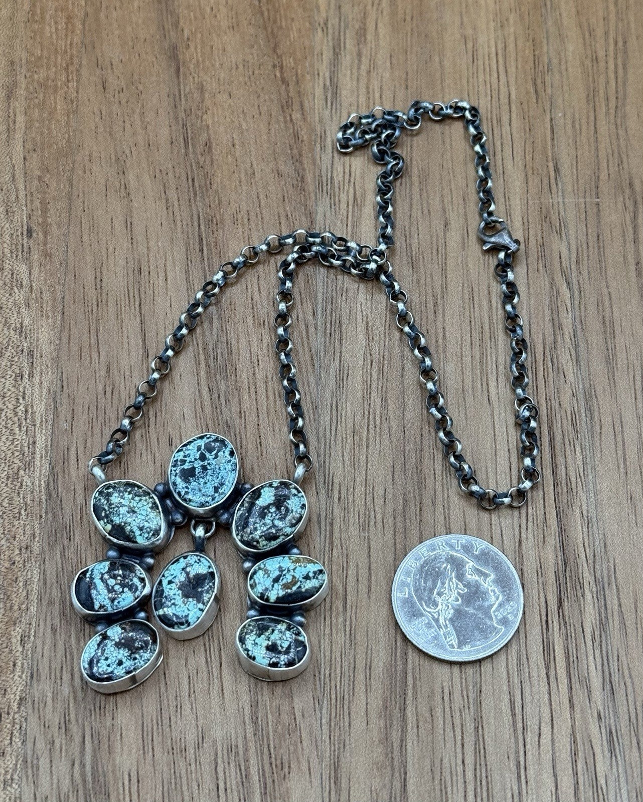 Navajo Handmade Sterling Silver Blackjack Turquoise Cluster Naja Necklace 18”