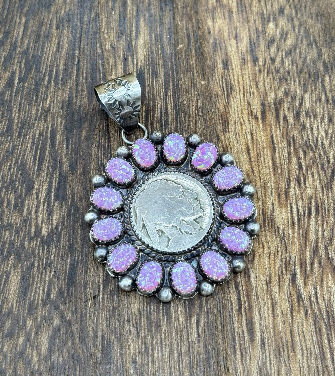 Navajo Handmade Sterling Silver Pink Fire Opal Cluster Buffalo Coin Pendant