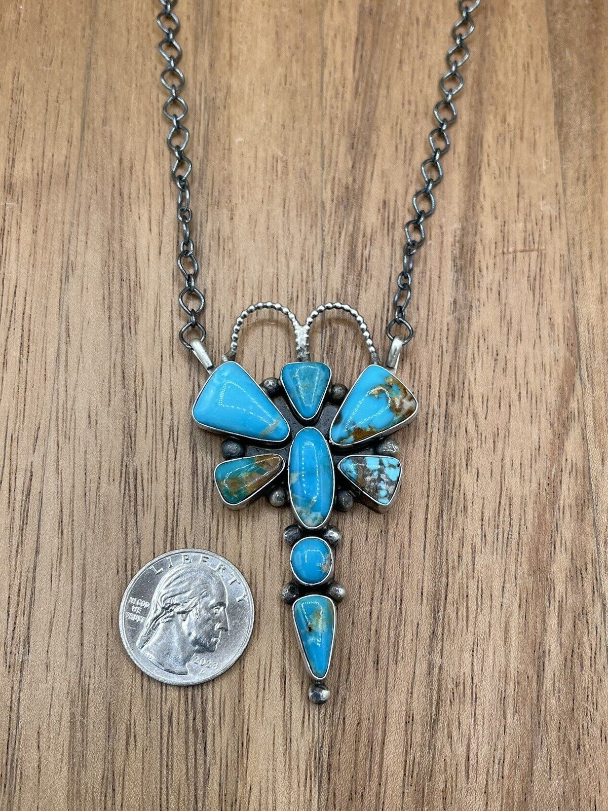 Native American Navajo Handmade Sterling Silver Turquoise Dragonfly Necklace 18”