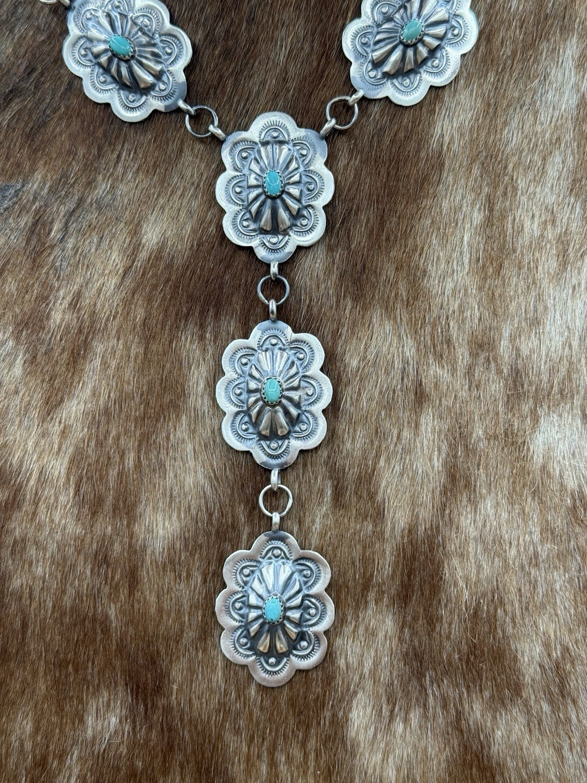 Navajo Handmade Sterling Silver Stamped Concho Turquoise Lariat Necklace Set 20”
