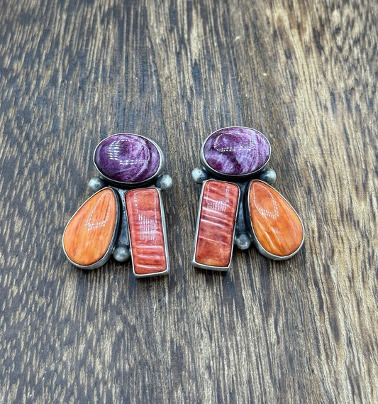 Navajo Handmade Sterling Silver Multi Color Spiny Oyster Post Cluster Earrings