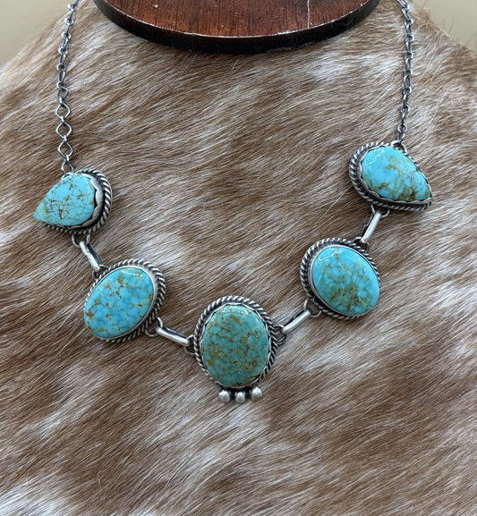 Native Navajo Handmade Sterling Silver Kingman Turquoise Choker Necklace 15”