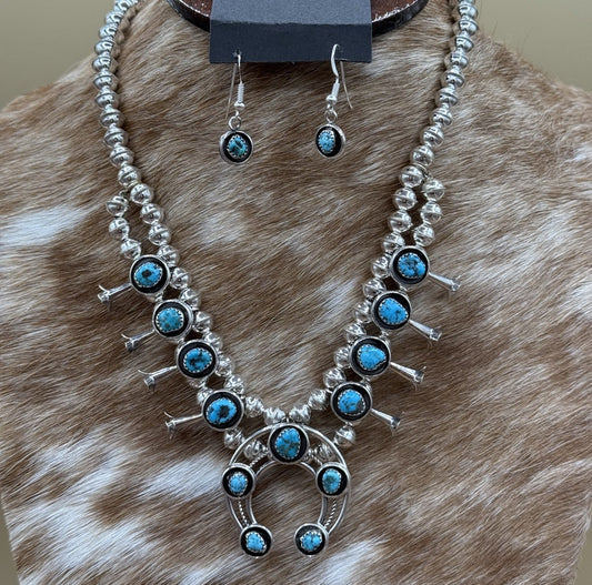 Navajo Handmade Sterling Silver Turquoise Shadowbox Squash Blossom Necklace 17”