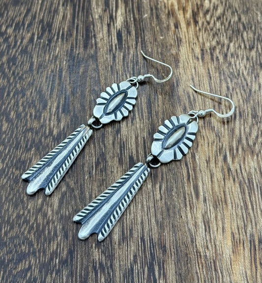 Navajo Handmade Sterling Silver Old Look Stamped Concho Design Dangle Earrings