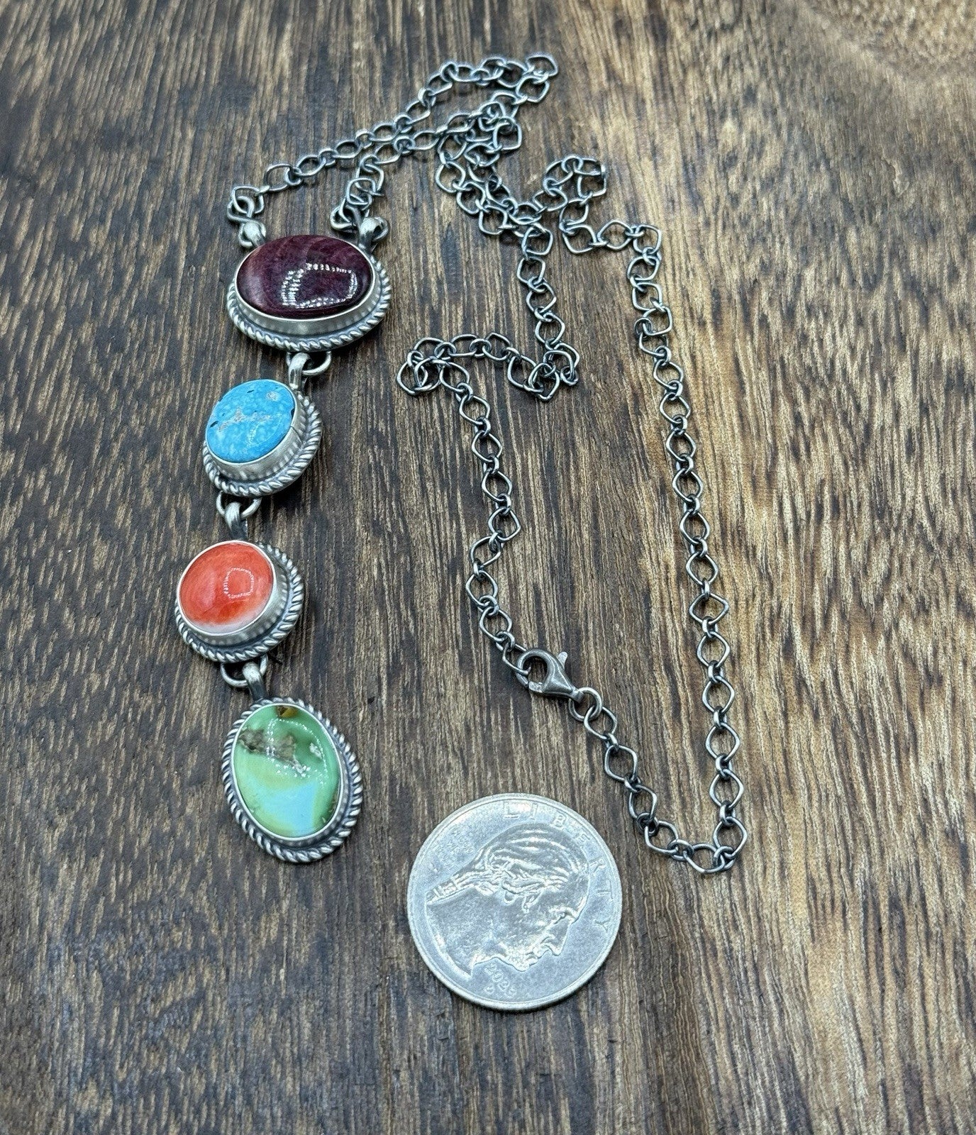 Navajo Handmade Sterling Silver Multi Color Mixed Stone Lariat Necklace 18”
