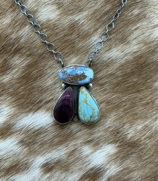 Navajo Handmade Sterling Silver Multi stone Turquoise  Cluster Bar Necklace 18”