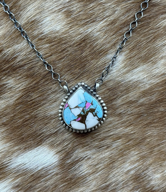 Native Navajo Handmade Sterling Silver Cotton Candy Dahlia Bar Necklace 18”