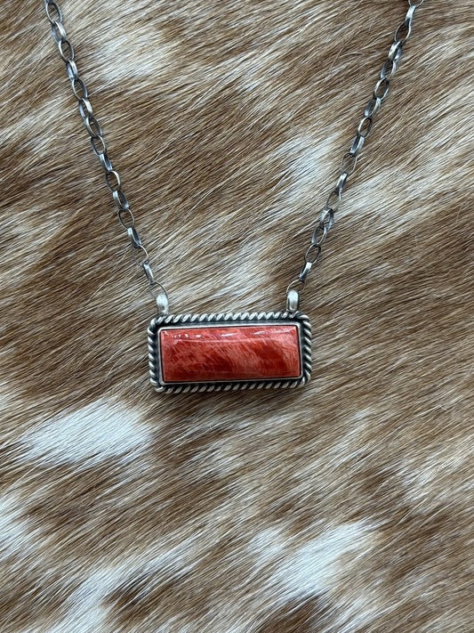 Navajo Handmade Sterling Silver Red Spiny Oyster Bar Necklace 16” Judith Dixon