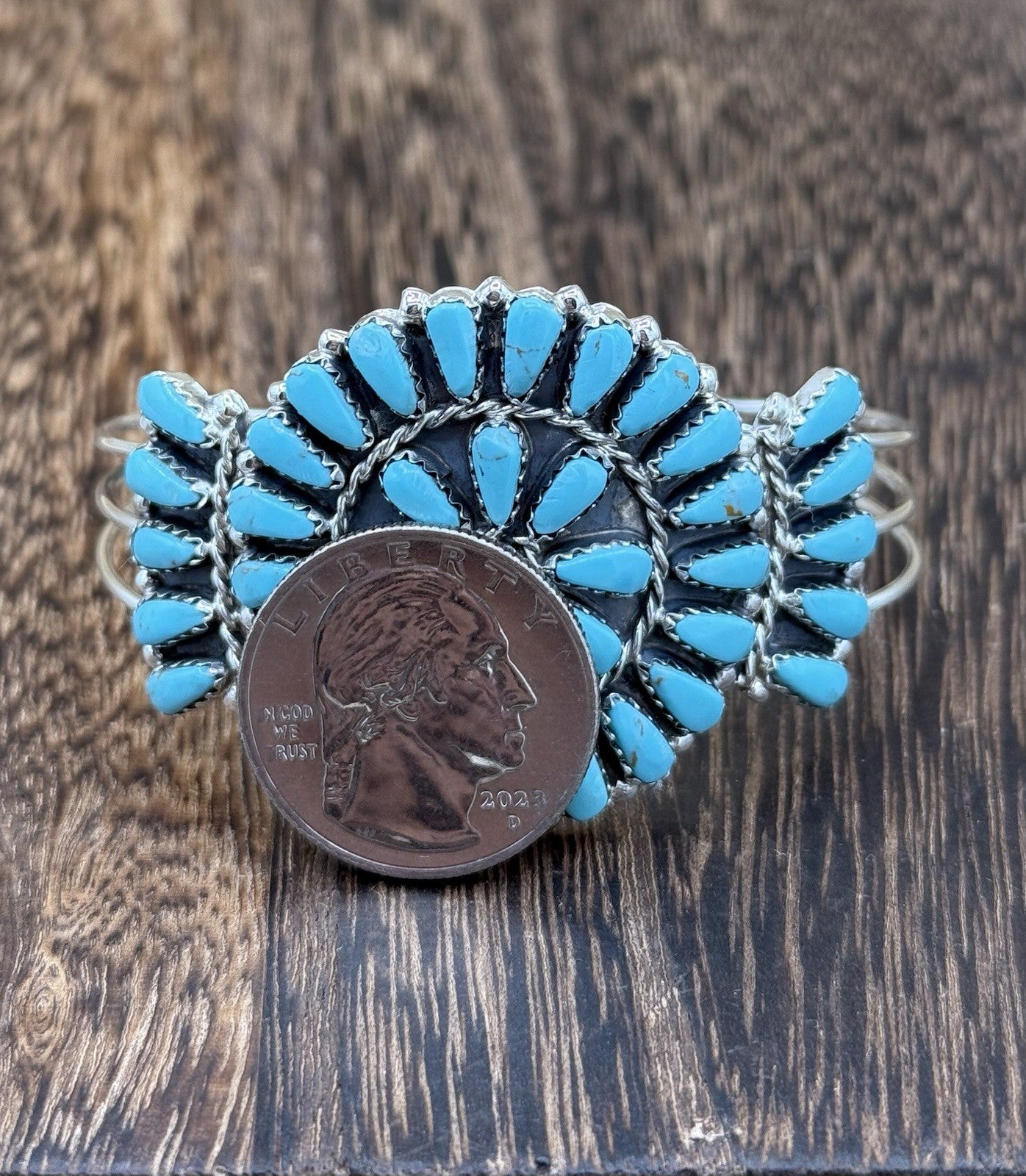 Native American Navajo Handmade Sterling Silver Turquoise Cluster Cuff Bracelet