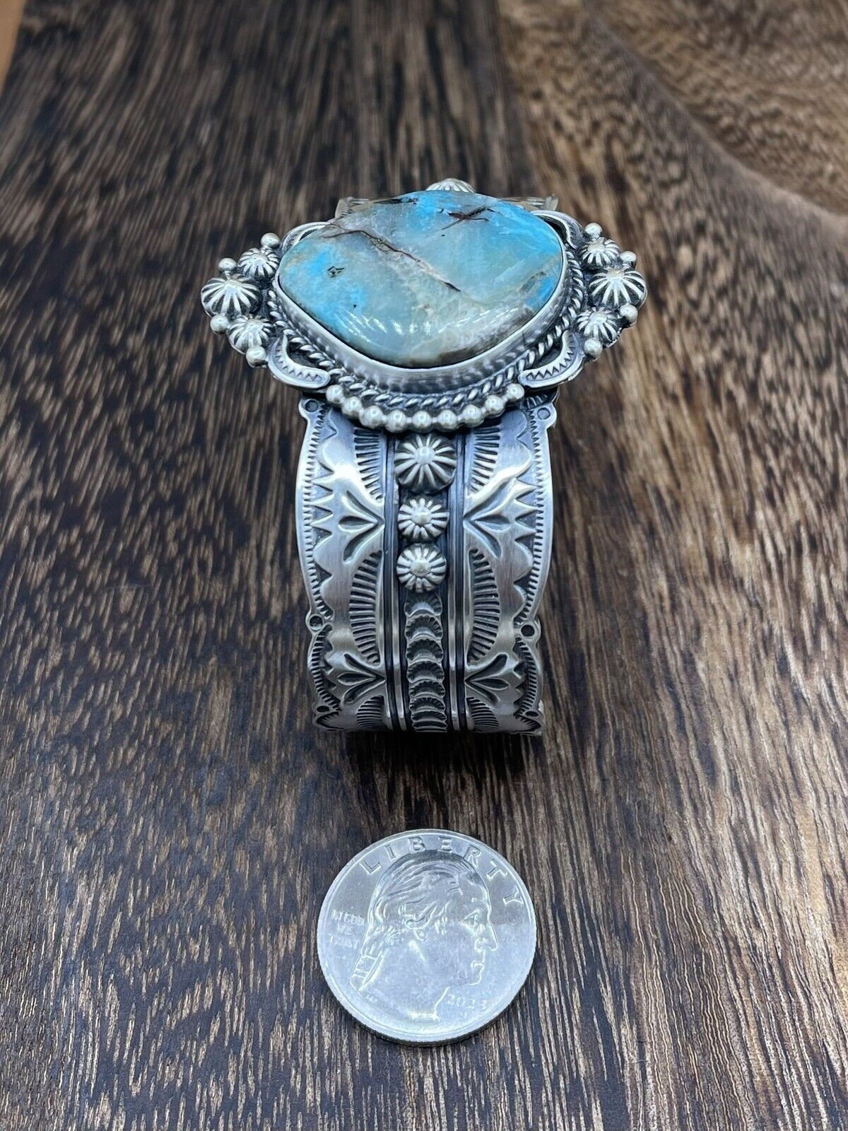 Native American Navajo Handmade Silver Smokey MT. Turquoise Cuff Bracelet Bennie