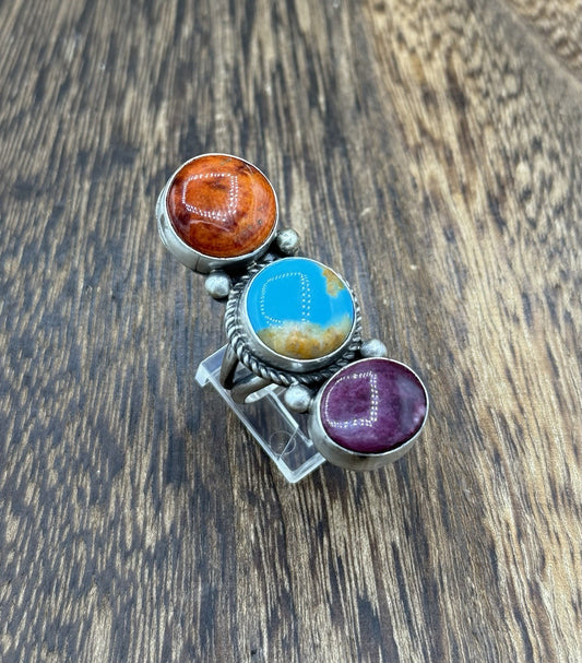 Native Navajo Handmade Sterling Silver Mixed Stone Turquoise Cluster Ring Size 7