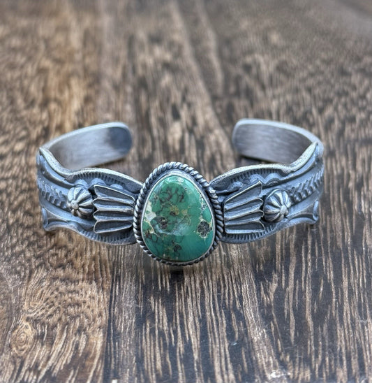 Navajo Handmade Sterling Silver Sonoran Gold Turquoise Old look Cast Bracelet