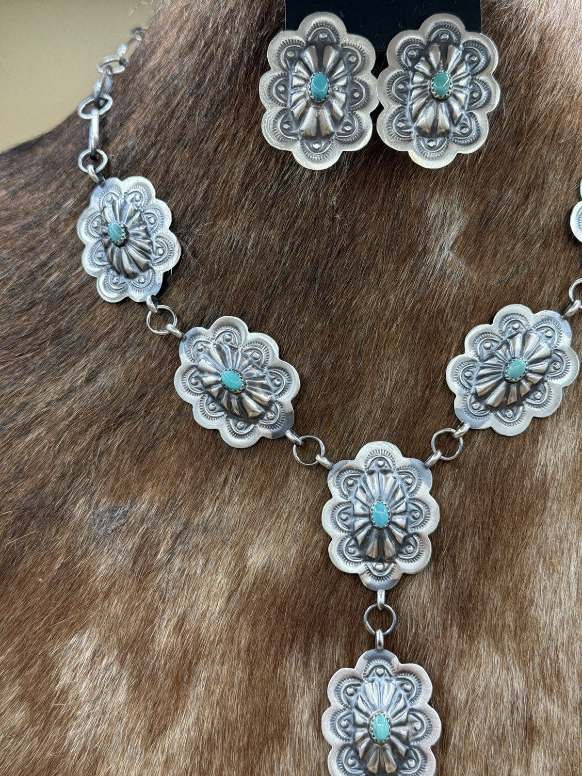 Navajo Handmade Sterling Silver Stamped Concho Turquoise Lariat Necklace Set 20”
